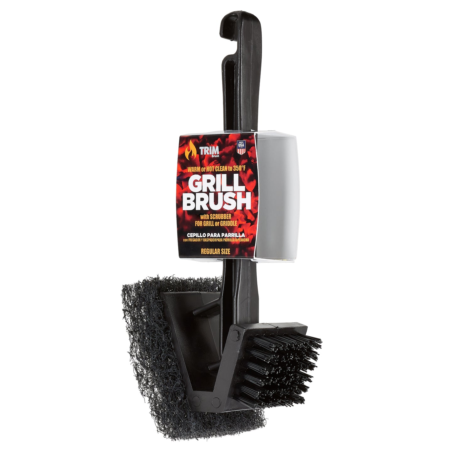 Warm or Hot Clean to 350°F, 2-in-1 Black BBQ Grill Brush with Scrubber (No Harmful Wire Bristles)