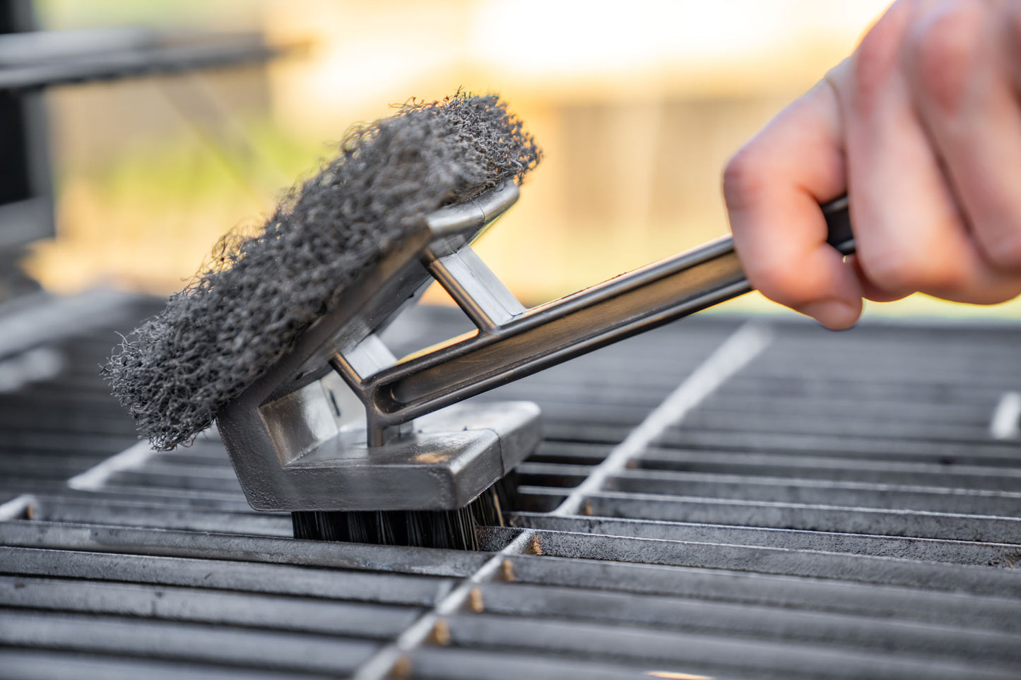 Warm or Hot Clean to 350°F, 2-in-1 Black BBQ Grill Brush with Scrubber (No Harmful Wire Bristles)